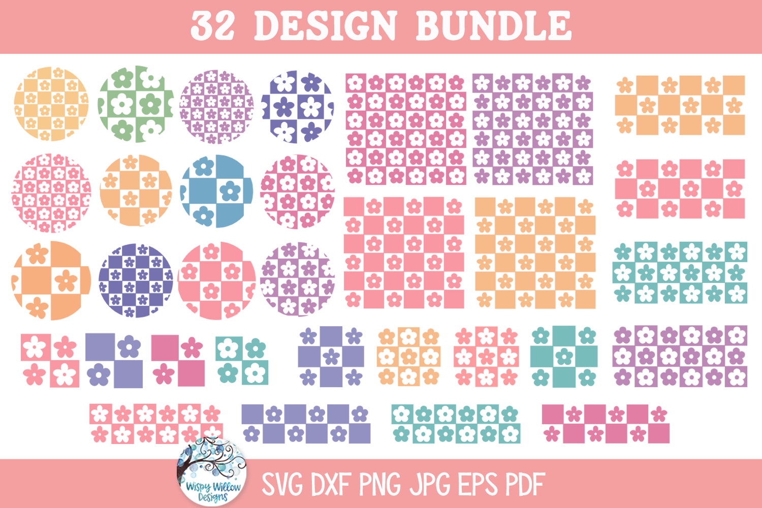 Floral Checkerboard SVG Bundle | Spring Flower Patterns