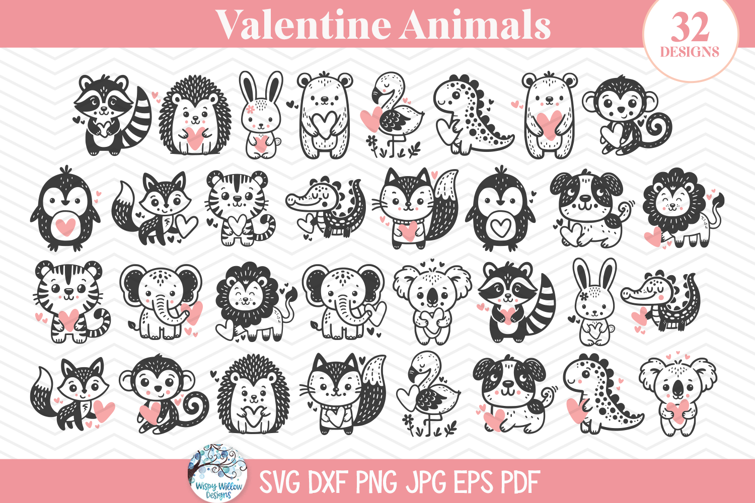 Valentine Animal Bundle SVG | Cute Raccoon, Fox, Dinosaur, Bear, Hedgehog with Hearts