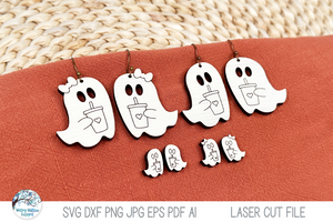 Ghost Iced Coffee Cup Halloween Dangle and Stud Earring SVG File Bundle