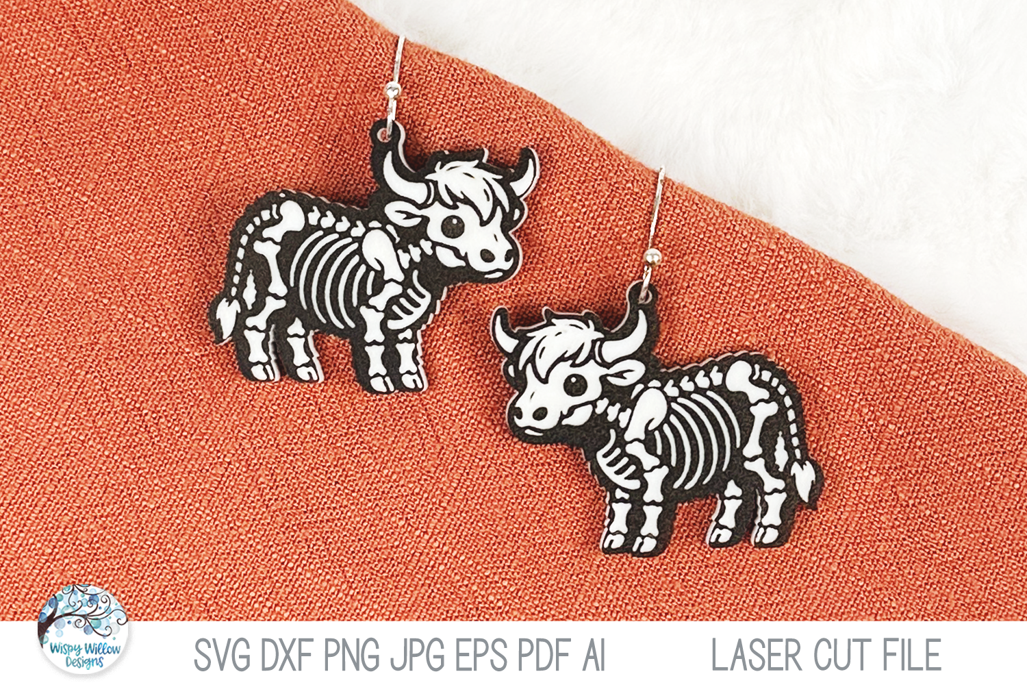 Highland Cow Skeleton Halloween Earring SVG File for Laser