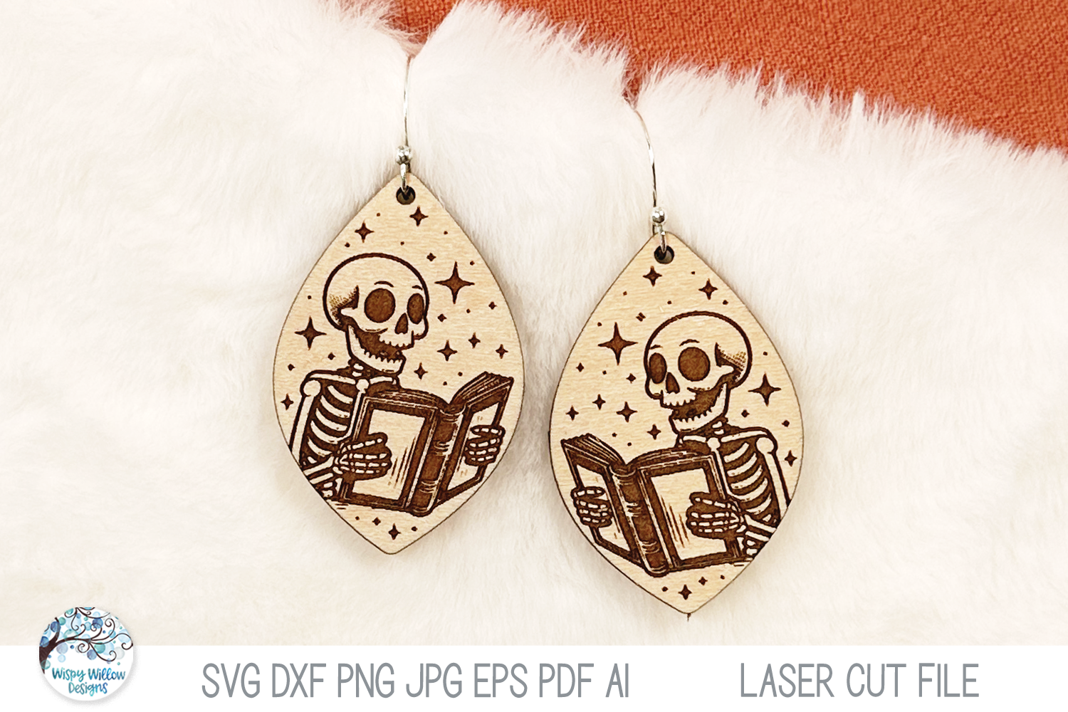 Skeleton Reading Book Halloween Earring SVG File for Laser