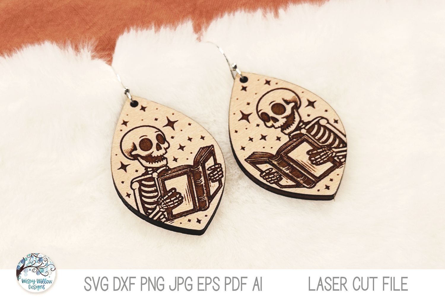 Skeleton Reading Book Halloween Earring SVG File for Laser