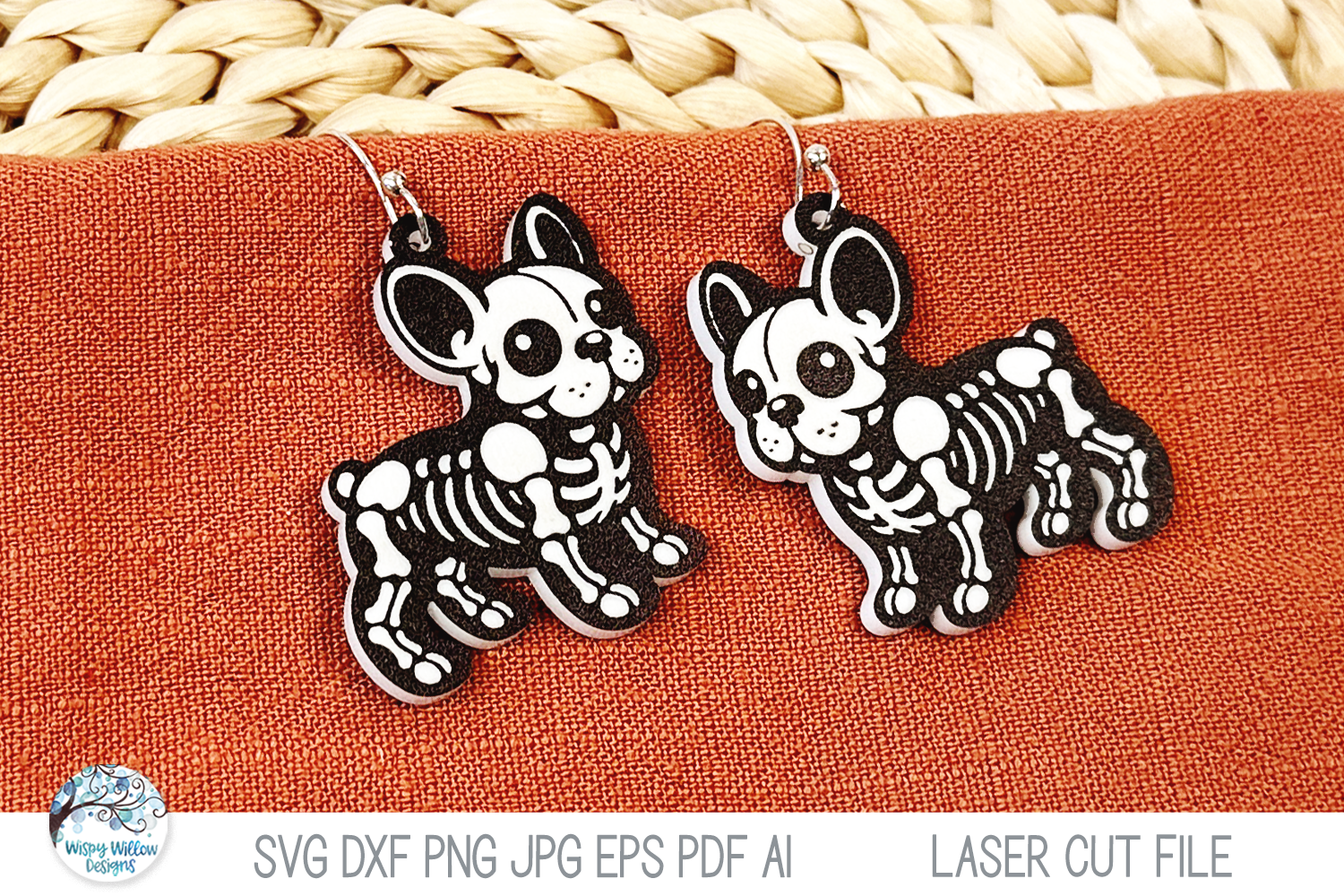 French Bulldog Skeleton Halloween Earring SVG File for Laser