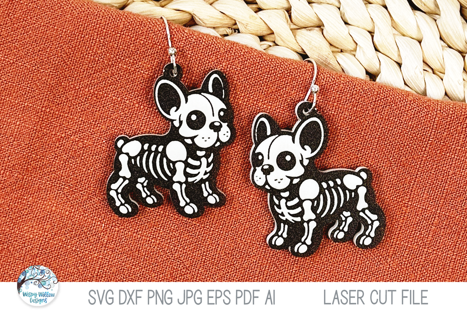 French Bulldog Skeleton Halloween Earring SVG File for Laser