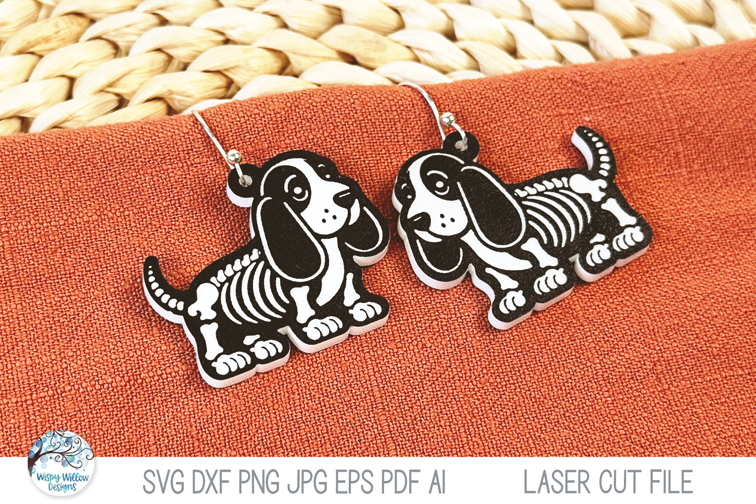 Basset Hound Dog Skeleton Halloween Earring SVG File for Laser