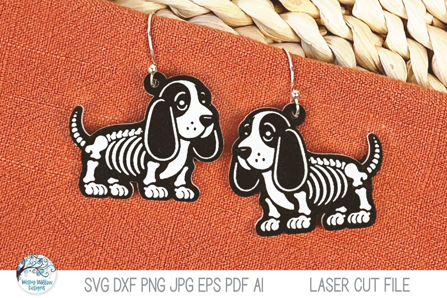 Basset Hound Dog Skeleton Halloween Earring SVG File for Laser