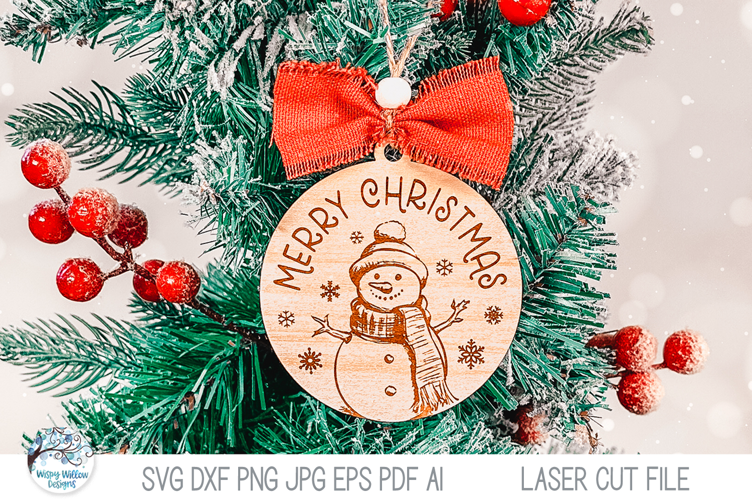 Snowman Merry Christmas Ornament SVG File for Laser Cutter