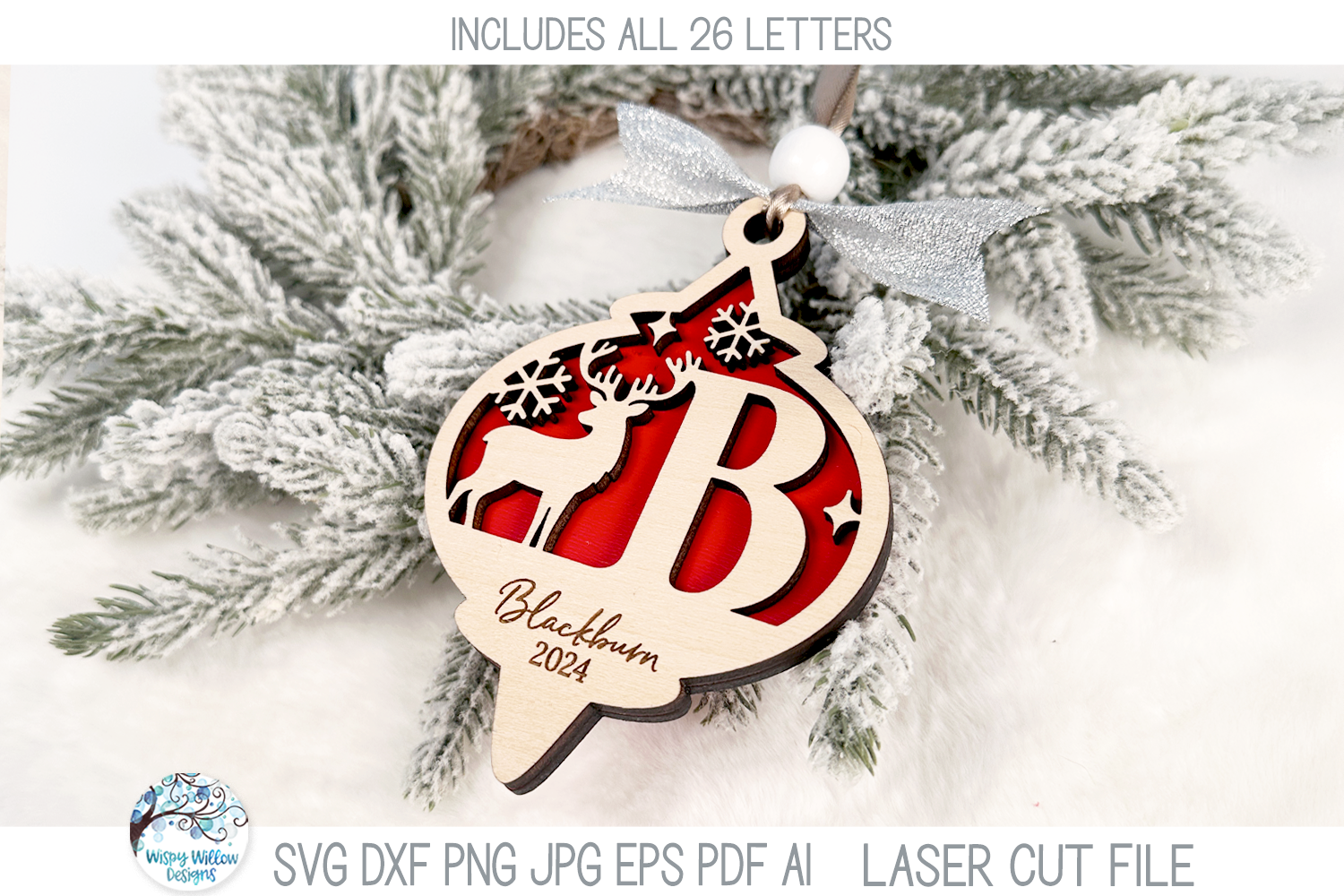 Personalized Monogram Letter Reindeer Christmas Ornament Bundle for Laser Cutter