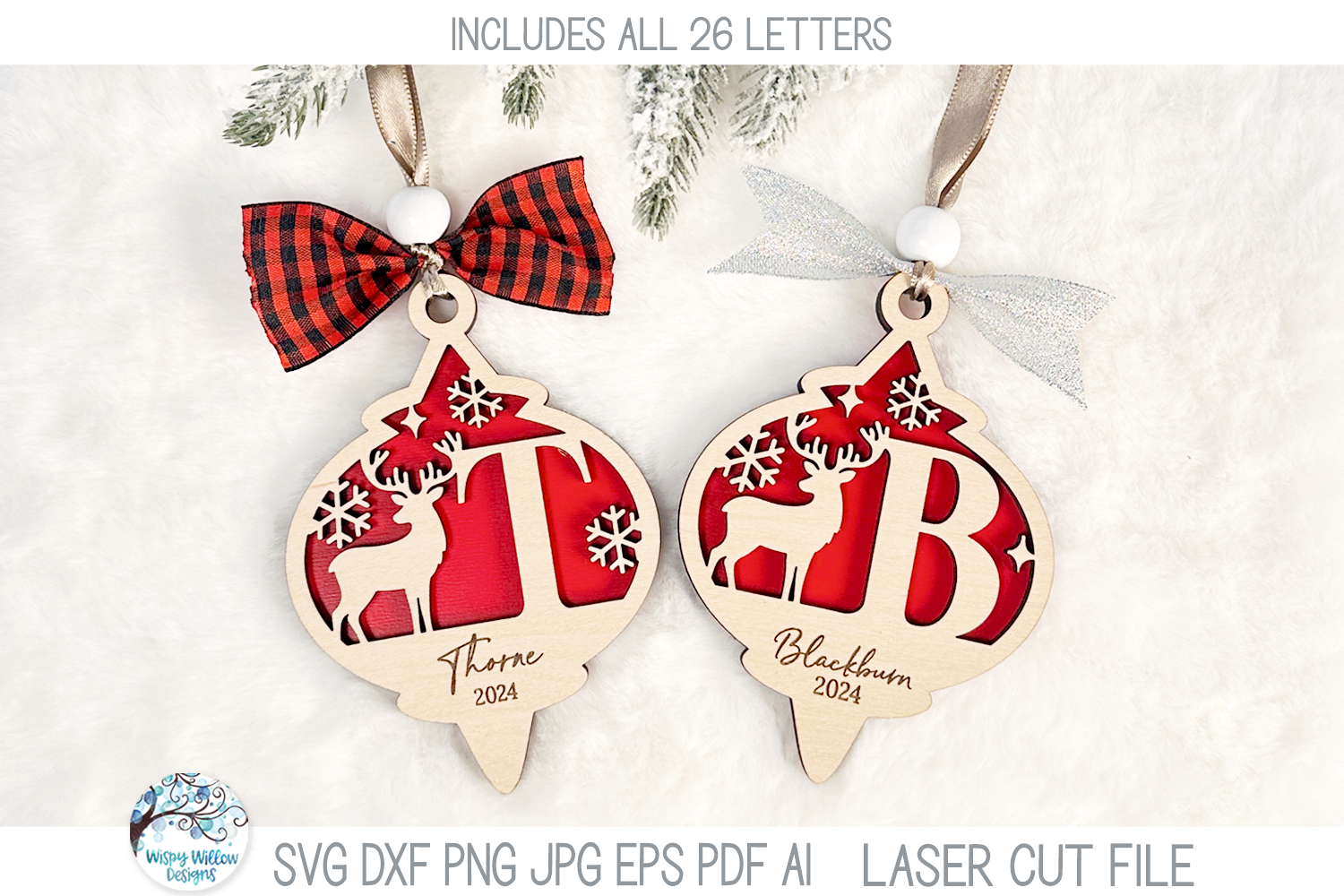 Personalized Monogram Letter Reindeer Christmas Ornament Bundle for Laser Cutter