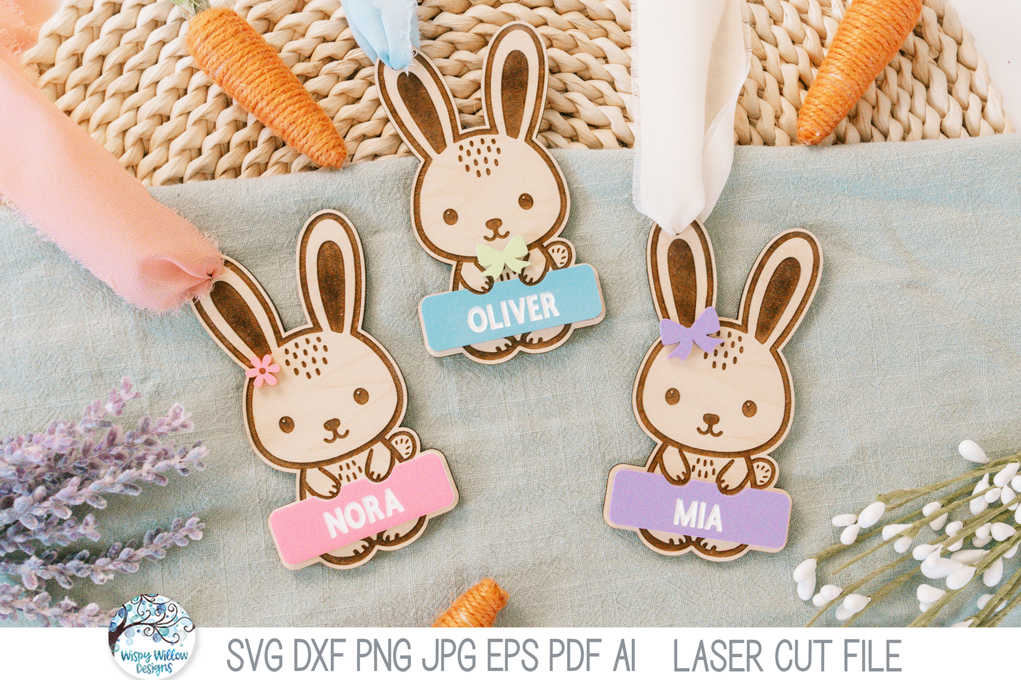 Cute Easter Bunny Basket Tag - Personalized SVG File for Laser Cutter