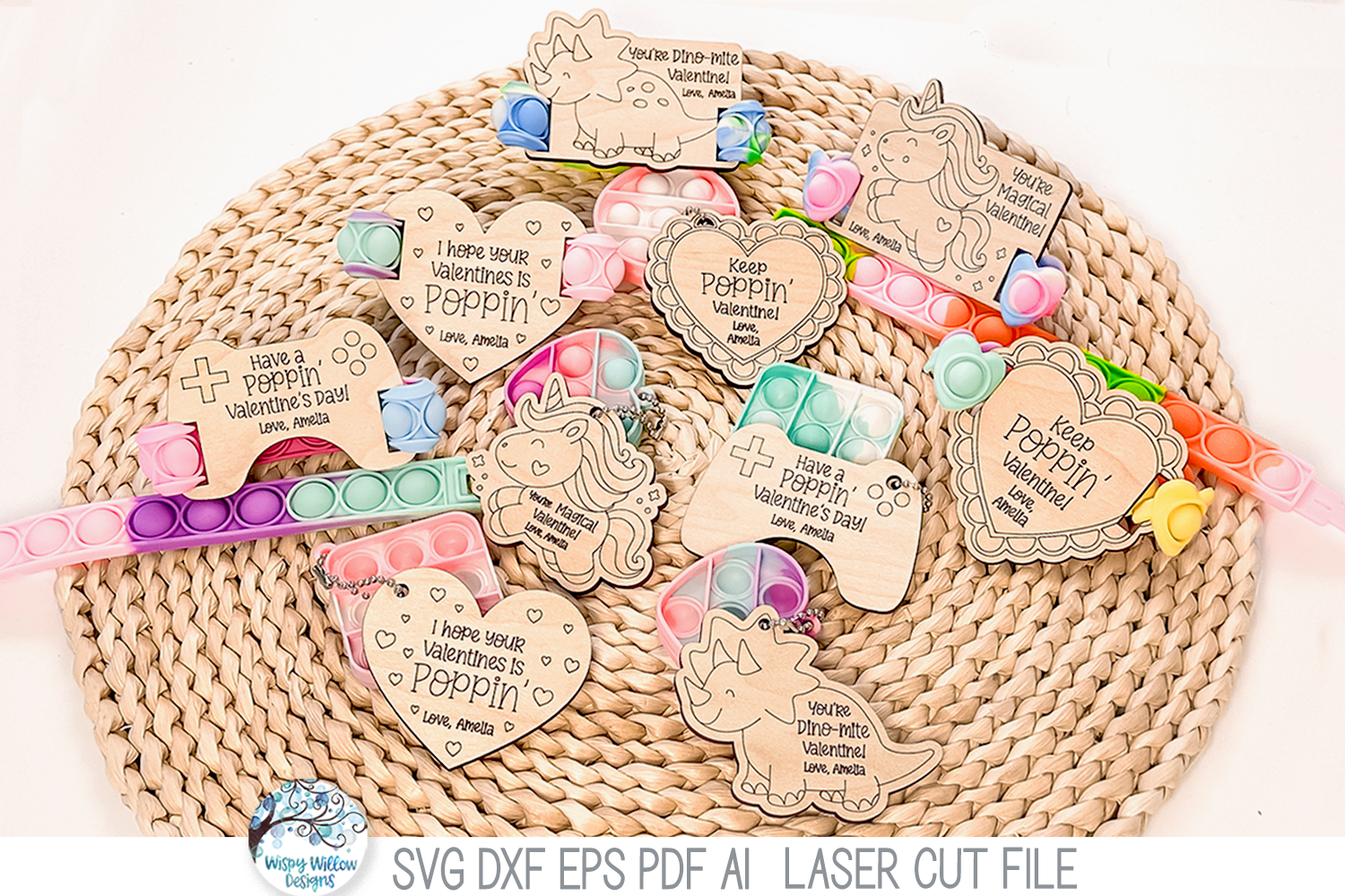 Valentine's Day Pop It Keychain and Bracelet Tag Bundle - SVG File for Laser Cutter