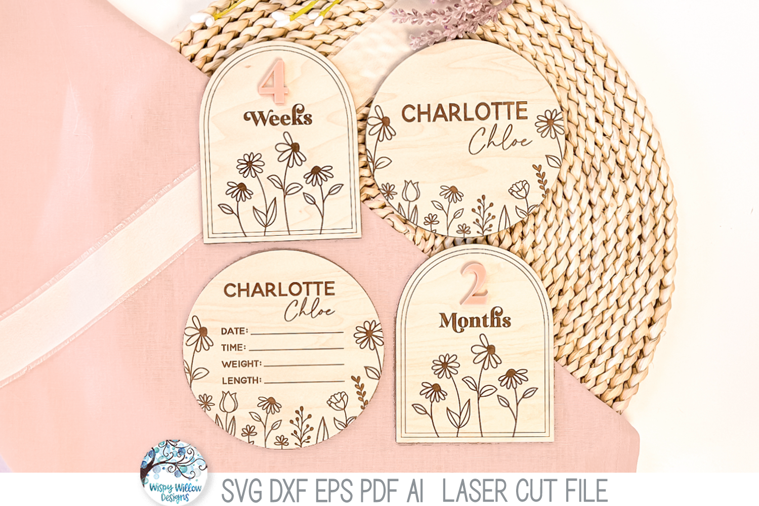 Newborn Baby Girl Wildflower Birth Announcement and Milestone Bundle - SVG File for Laser Cutter