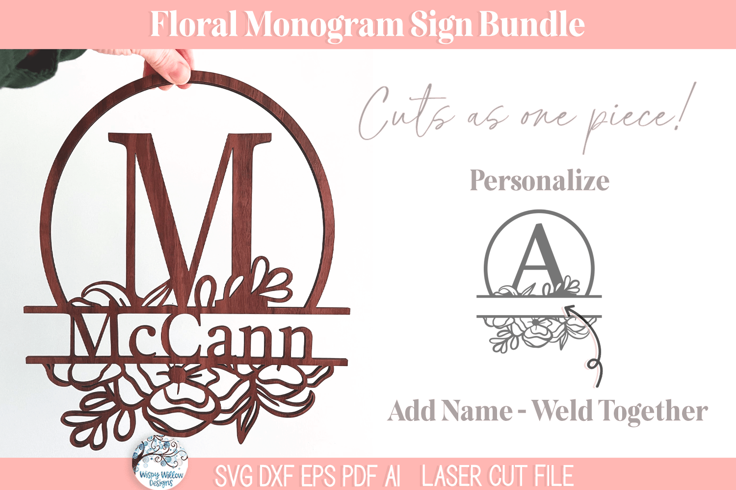 Floral Split Monogram Letter Sign Bundle - Personalized Name SVG File for Laser Cutter