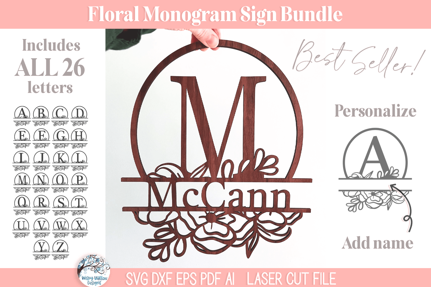 Floral Split Monogram Letter Sign Bundle - Personalized Name SVG File for Laser Cutter