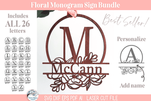 Floral Split Monogram Letter Sign Bundle - Personalized Name SVG File for Laser Cutter