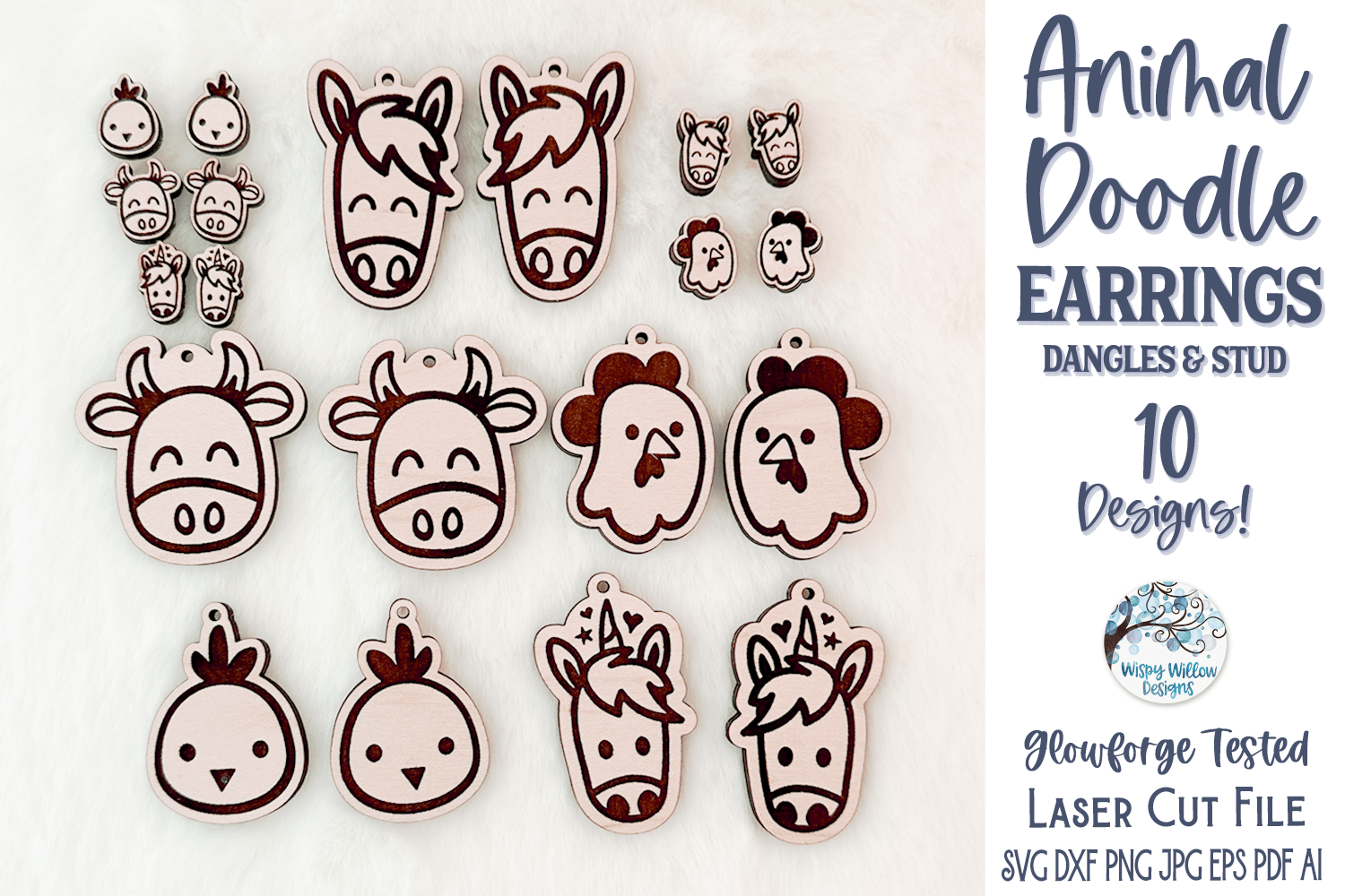 Animal Earring Bundle for Glowforge Laser | Cow, Horse, Unicorn, Chicken, Rooster Wispy Willow Designs Company