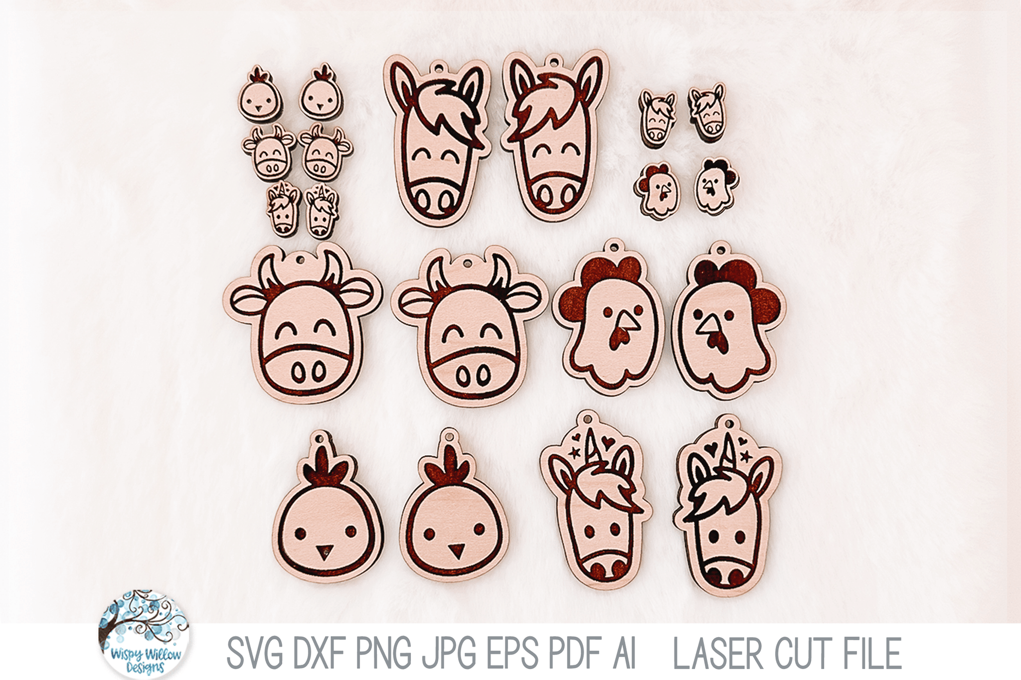 Animal Earring Bundle for Glowforge Laser | Cow, Horse, Unicorn, Chicken, Rooster Wispy Willow Designs Company