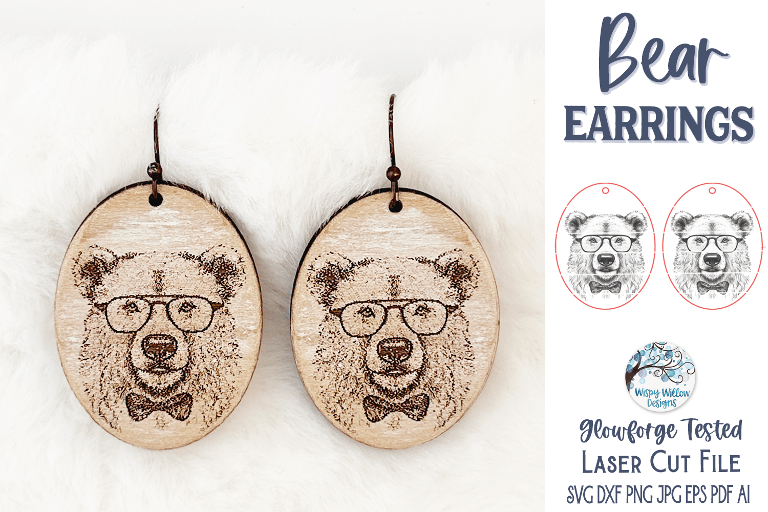 Bear with Glasses and Bowtie Earring File for Glowforge or Laser Cutter Wispy Willow Designs Company