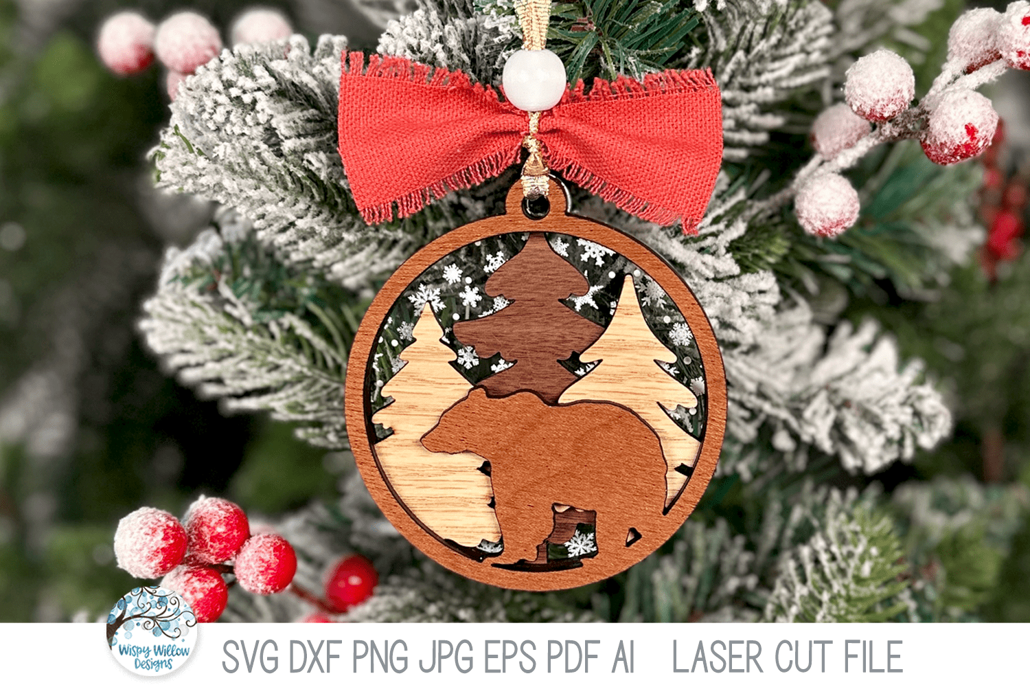 Bear Woodland Animal Christmas Ornament SVG for Laser Cutter Wispy Willow Designs Company