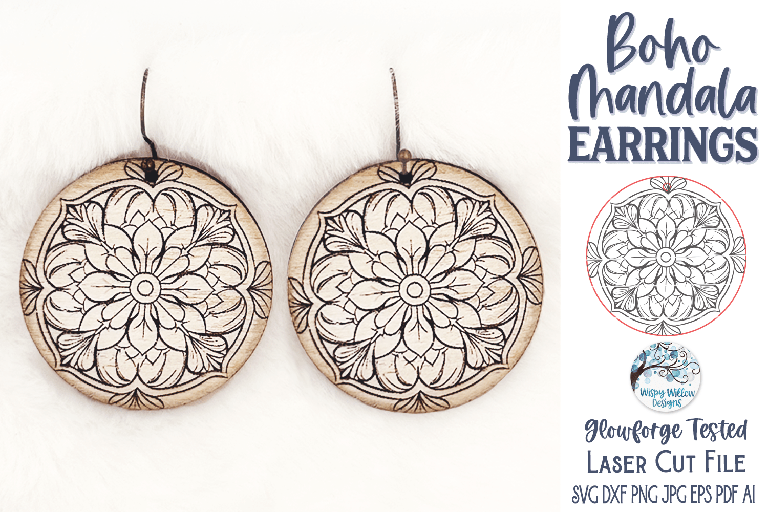 Boho Mandala Earring SVG File for Glowforge and Laser Cutter Wispy Willow Designs Company