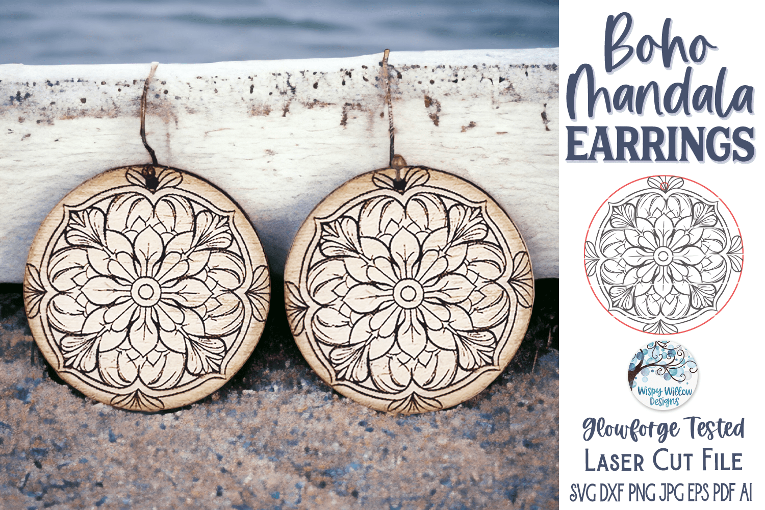 Boho Mandala Earring SVG File for Glowforge and Laser Cutter Wispy Willow Designs Company