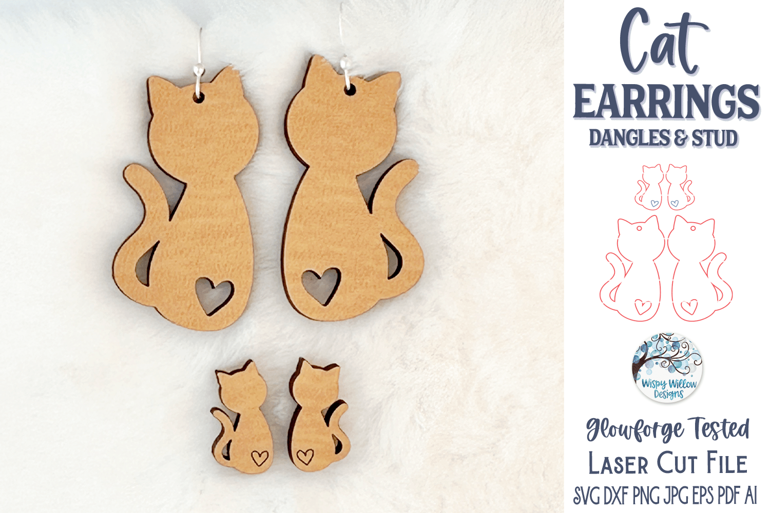 Cat Earrings SVG | Dangle and Stud Earring Set for Glowforge Laser Cutter Wispy Willow Designs Company