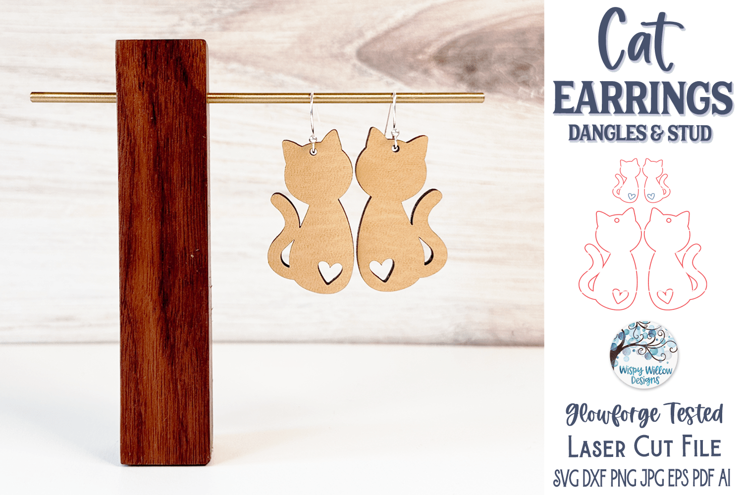 Cat Earrings SVG | Dangle and Stud Earring Set for Glowforge Laser Cutter Wispy Willow Designs Company