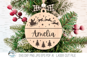 Cat Santa Claus Sleigh - Personalized Christmas Ornament SVG File for Laser Cutter Wispy Willow Designs Company