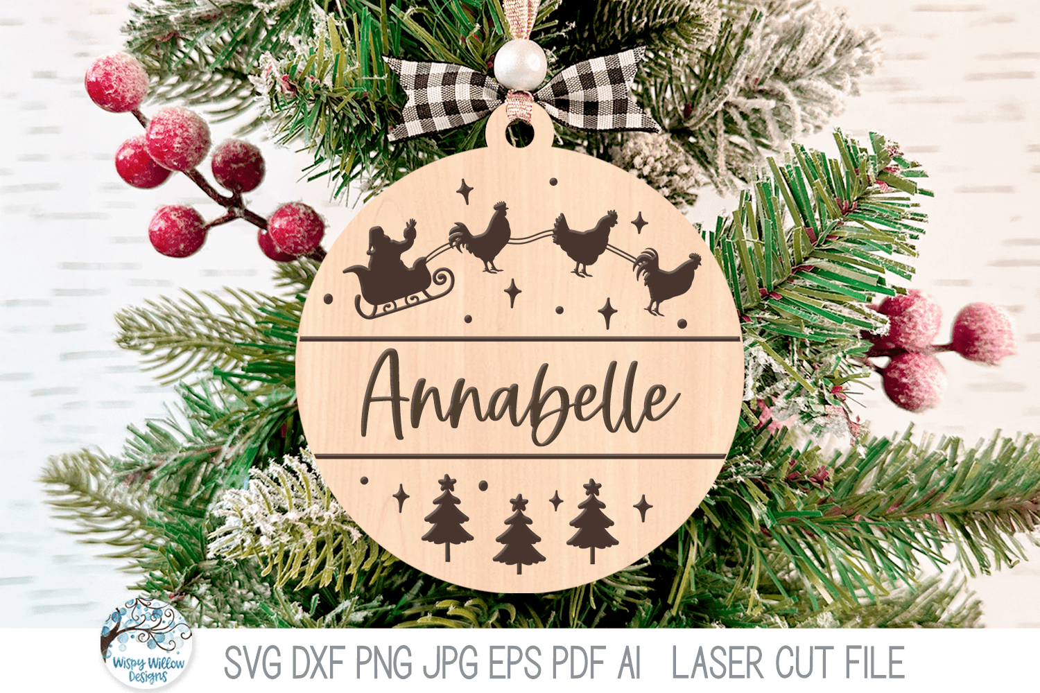 Chicken Santa Claus Sleigh Personalized Christmas Ornament SVG File for Laser Cutter Wispy Willow Designs Company