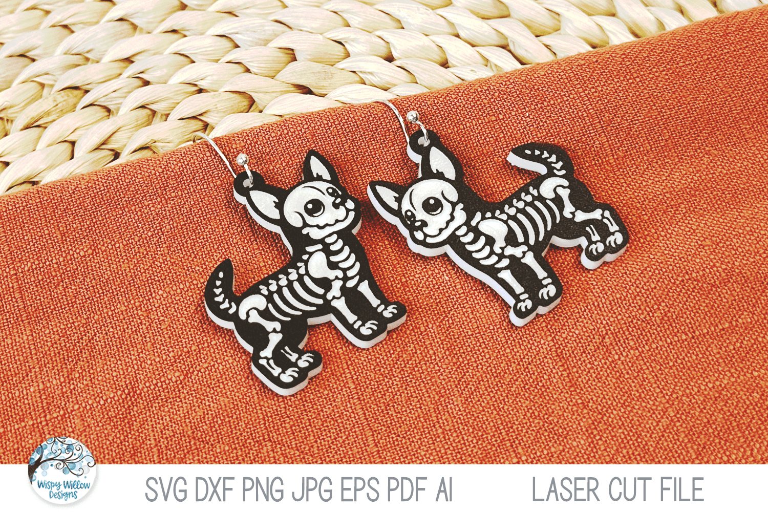 Chihuahua Dog Skeleton Halloween Earring SVG File for Laser Wispy Willow Designs Company