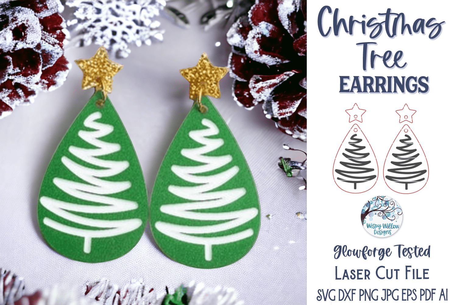 Christmas Tree Earring SVG for Glowforge Laser Wispy Willow Designs Company