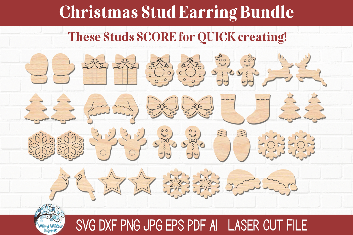 Christmas Winter Holiday Stud Earring Bundle - Scoring SVG Files for Laser Cutter Wispy Willow Designs Company