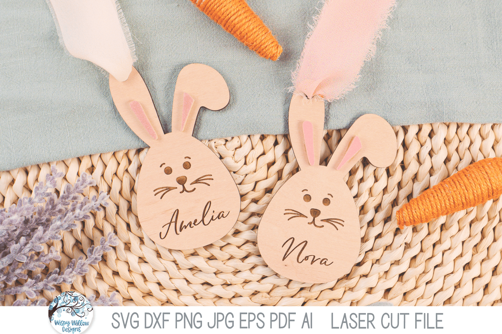 Cute Easter Bunny Basket Tag - Personalized Name SVG File for Laser Cutter Wispy Willow Designs Company