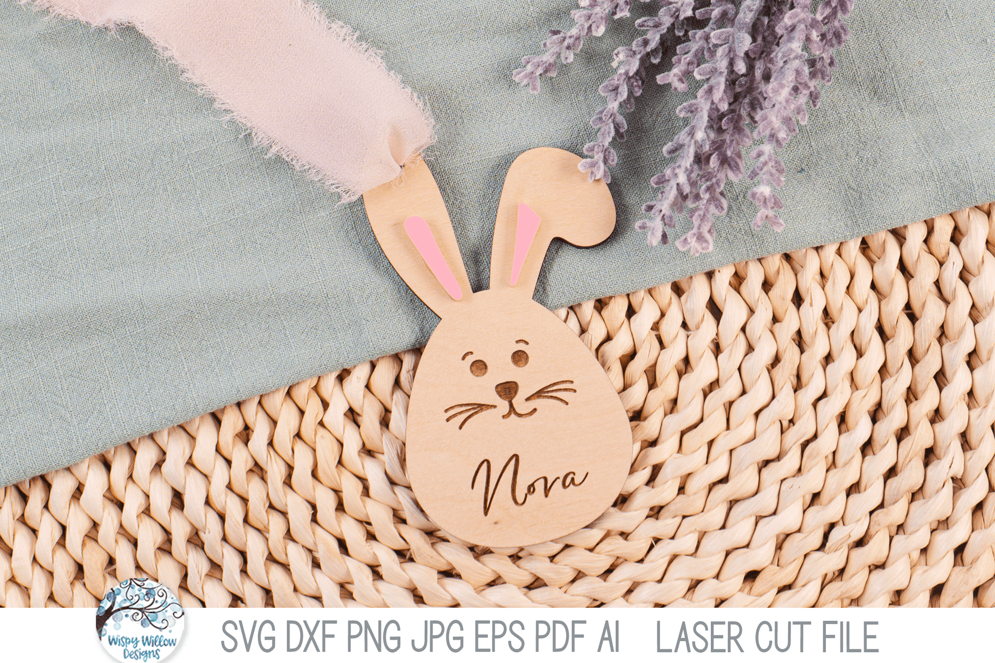 Cute Easter Bunny Basket Tag - Personalized Name SVG File for Laser Cutter Wispy Willow Designs Company