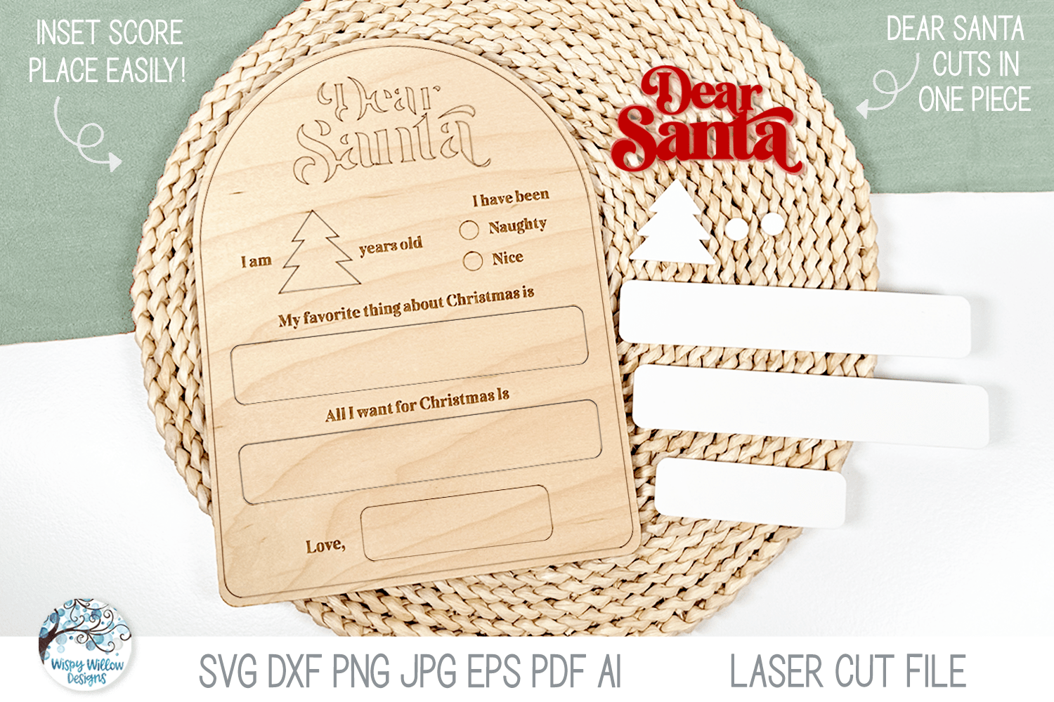 Dear Santa Christmas Wish List Board SVG File for Laser Wispy Willow Designs Company