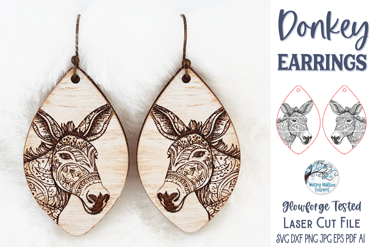 Donkey Earrings SVG File for Glowforge or Laser Cutter Wispy Willow Designs Company