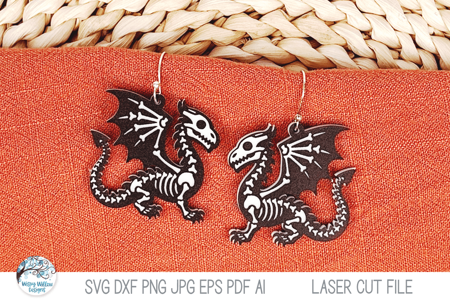 Dragon Skeleton Halloween Earring SVG File for Laser Wispy Willow Designs Company