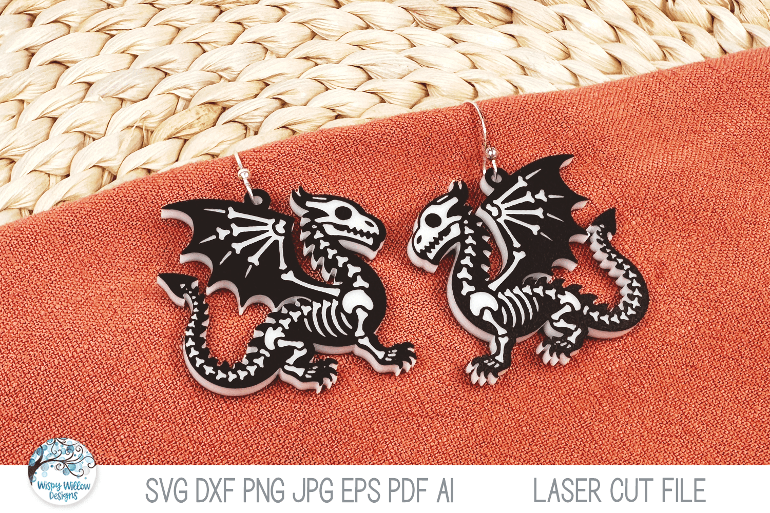 Dragon Skeleton Halloween Earring SVG File for Laser Wispy Willow Designs Company