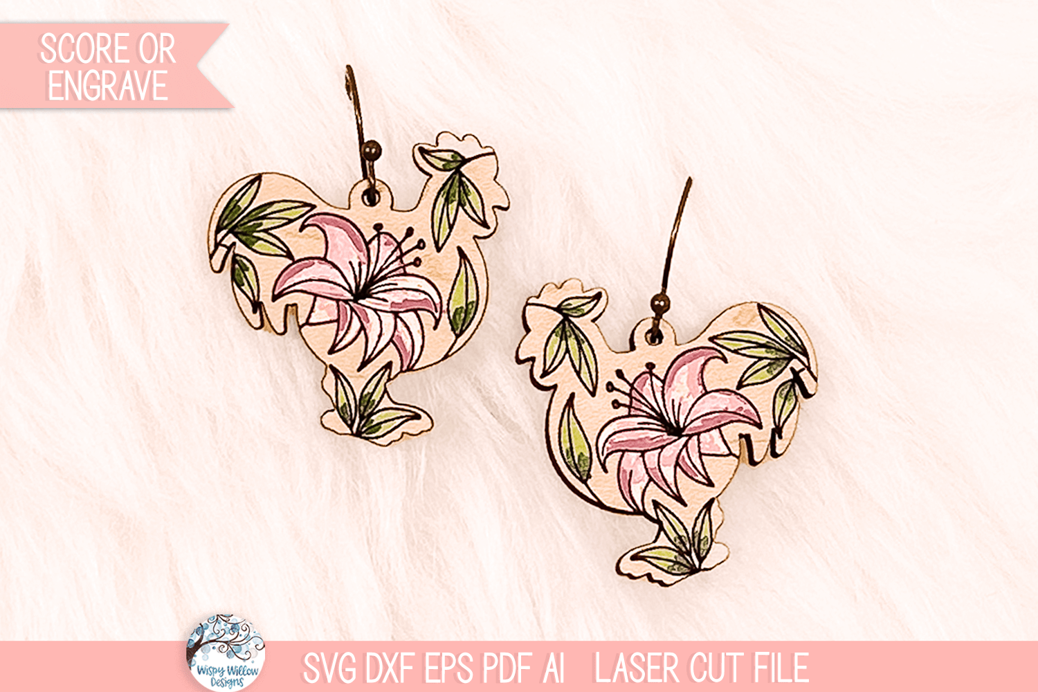 Floral Chicken Earring SVG File for Laser Cutter Wispy Willow Designs Company