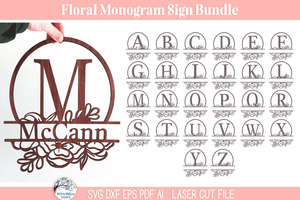 Floral Split Monogram Letter Sign Bundle - Personalized Name SVG File for Laser Cutter Wispy Willow Designs Company