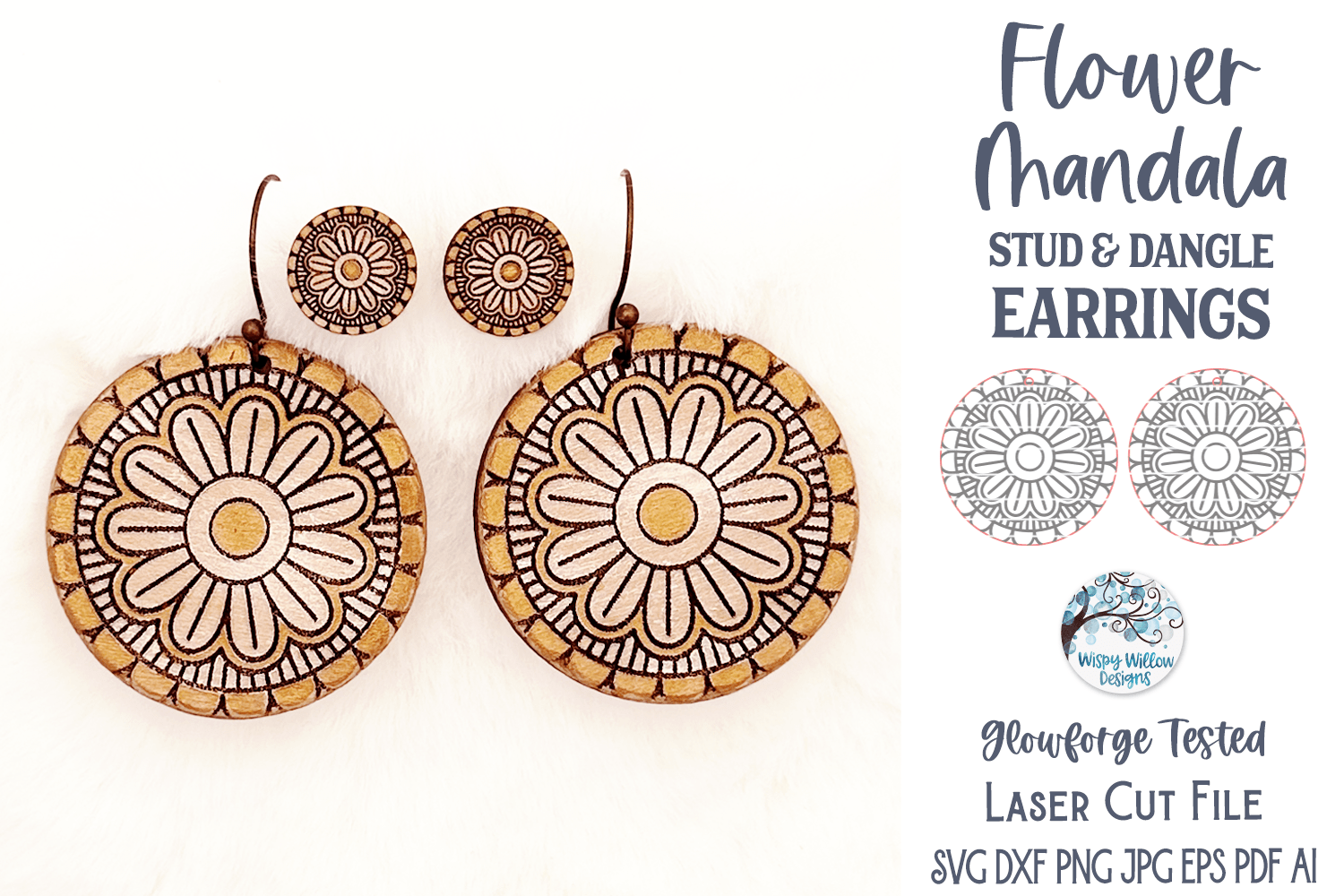 Flower Mandala Earrings for Glowforge and Laser Cutter Wispy Willow Designs Company