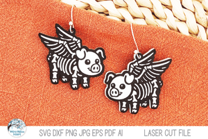 Flying Pig Skeleton Halloween Earring SVG File for Laser Cutter Wispy Willow Designs Company