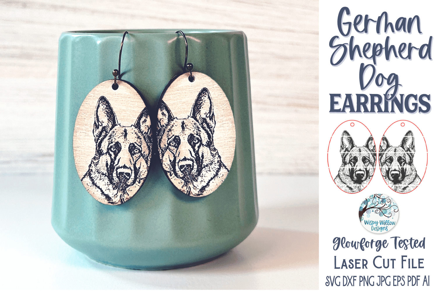 German Shepherd Dog Earring File for Glowforge or Laser Cutter Wispy Willow Designs Company