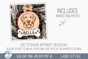 Golden Retriever Dog Christmas Ornament SVG File for Laser Cutter Wispy Willow Designs Company