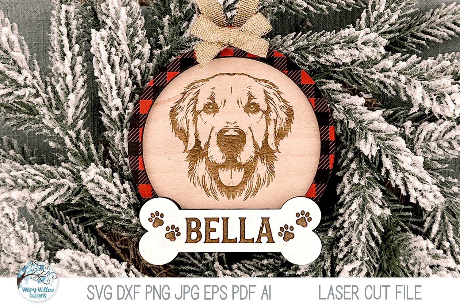 Golden Retriever Dog Christmas Ornament SVG File for Laser Cutter Wispy Willow Designs Company