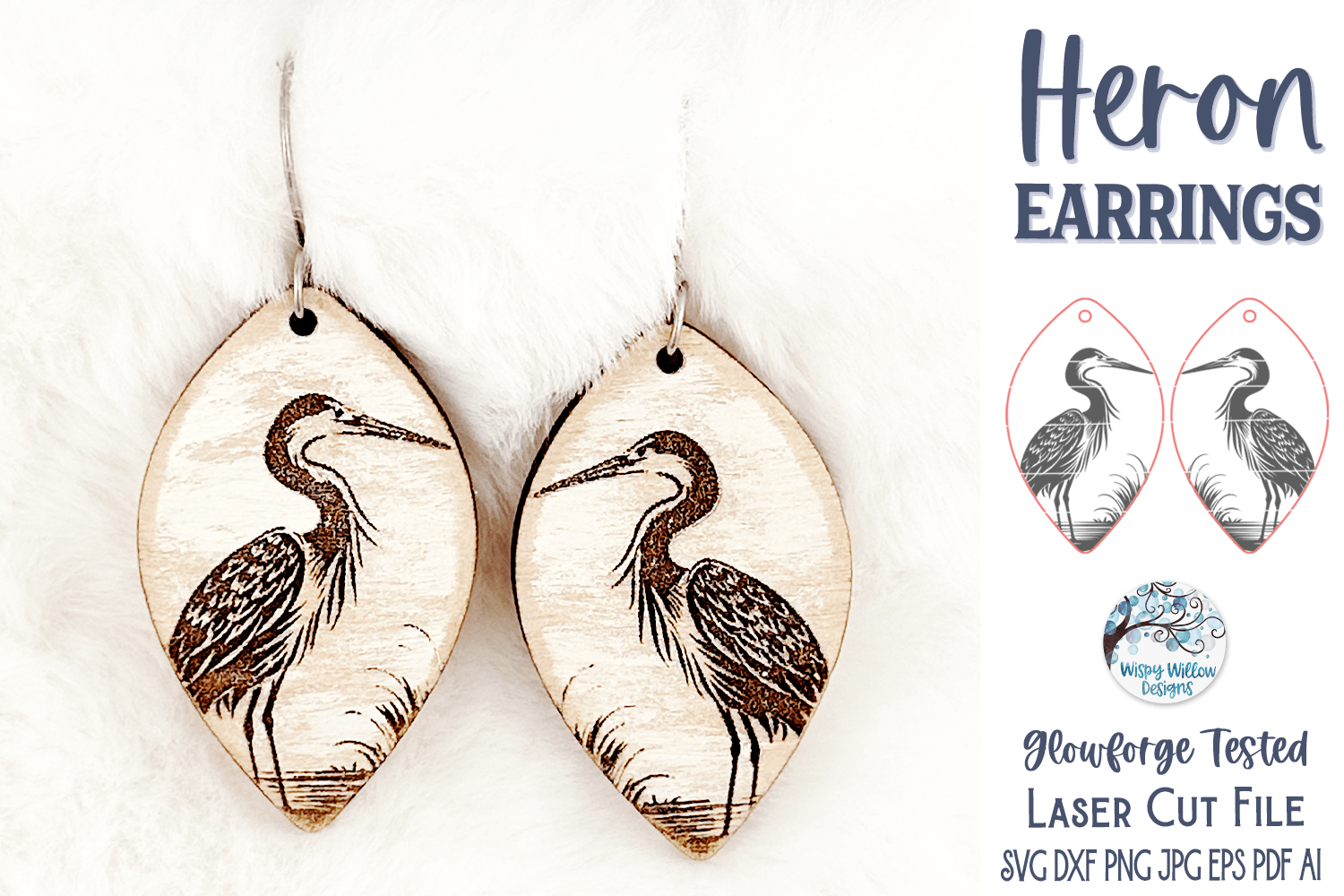 Great Blue Heron Earring File for Glowforge or Laser Cutter Wispy Willow Designs Company