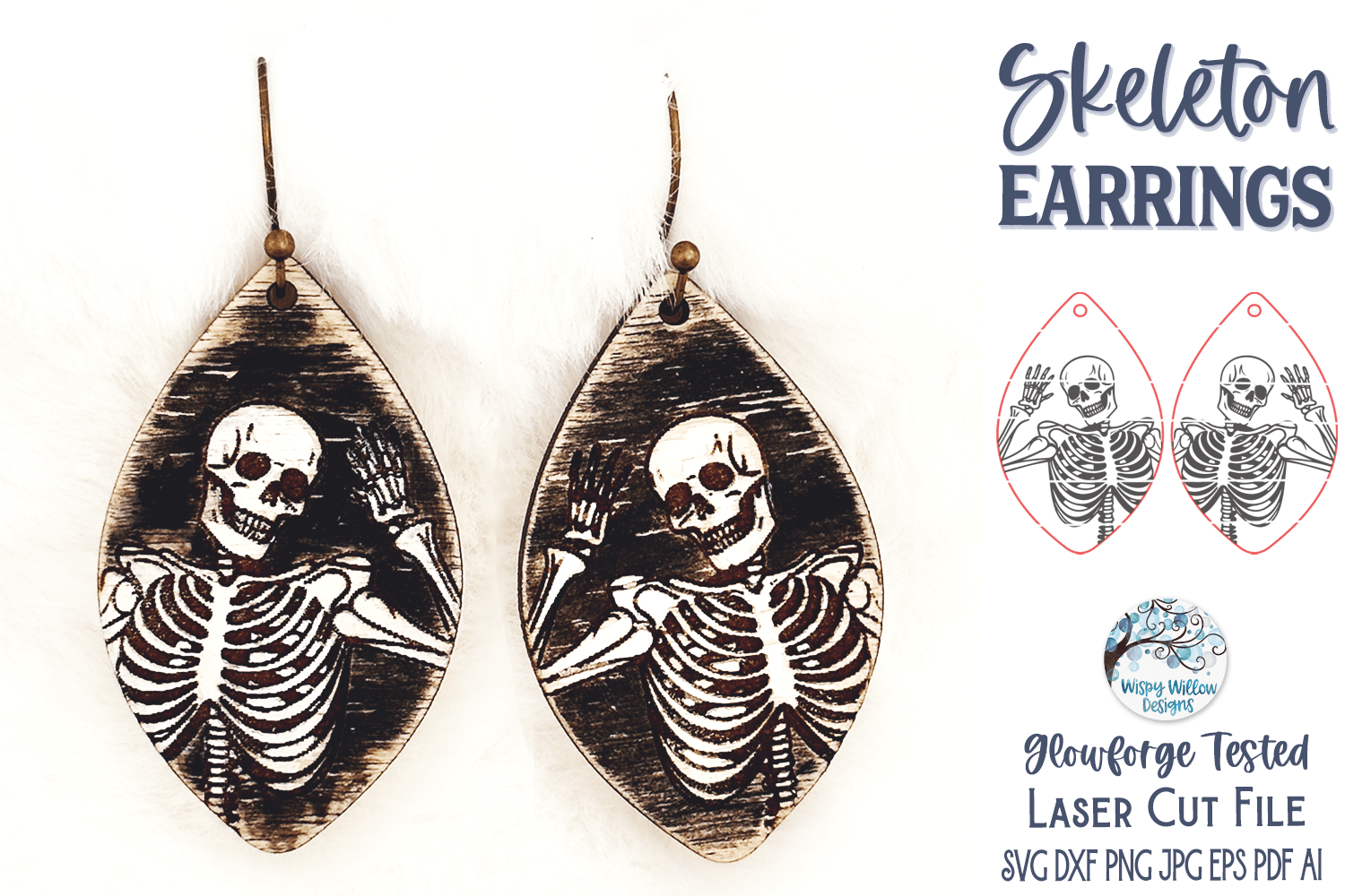 Halloween Skeleton Earring SVG File for Glowforge and Laser Cutter Wispy Willow Designs Company