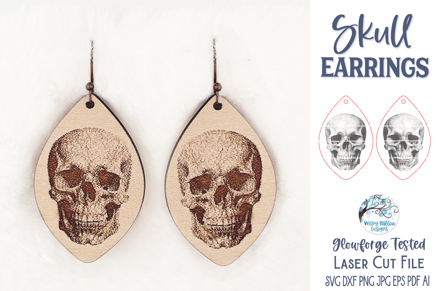 Halloween Skull Earring SVG File for Glowforge and Laser Cutter Wispy Willow Designs Company