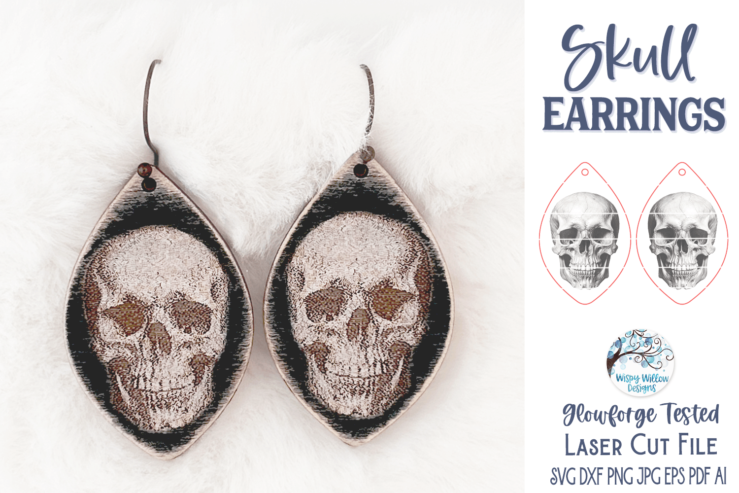 Halloween Skull Earring SVG File for Glowforge and Laser Cutter Wispy Willow Designs Company