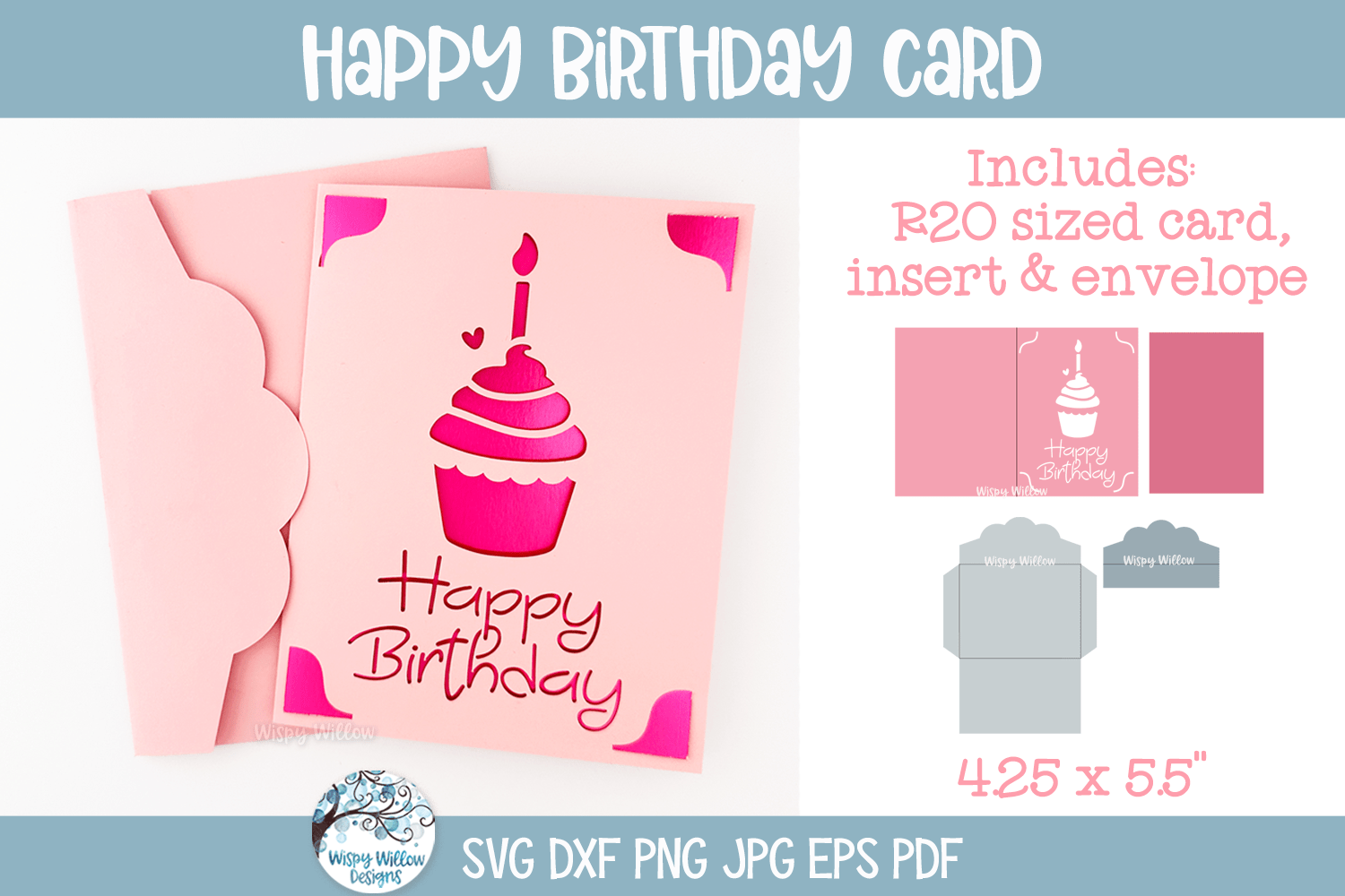 Happy Birthday Card SVG | Papercut R20 Card and Envelope Greetings Design Wispy Willow Designs Company